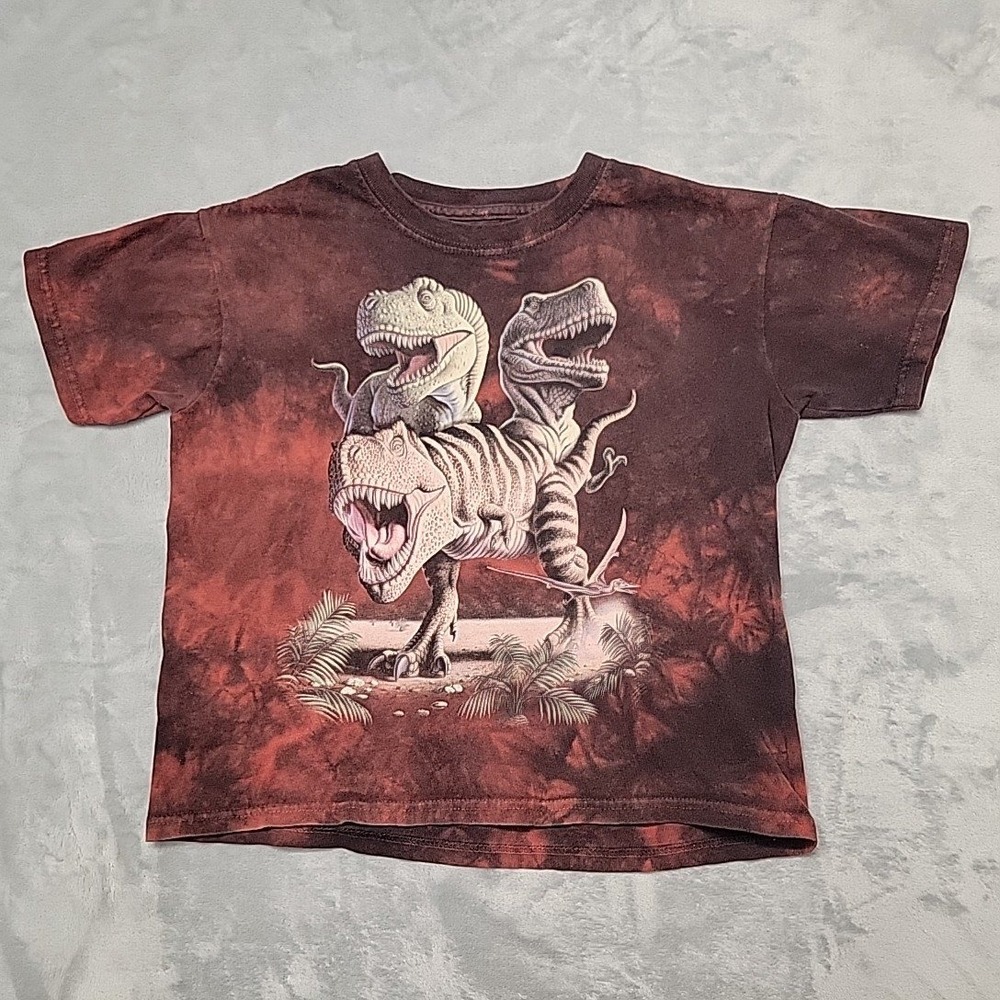 The Mountain Shirt Kids Medium Brown T-Rex Three Dinosaur Graphic Tie Dye Tee